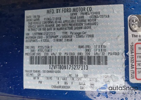 2007 Ford Mustang V6 Deluxe/V6 Premium из США, поврежденный, VIN 1ZVFT80N175237313